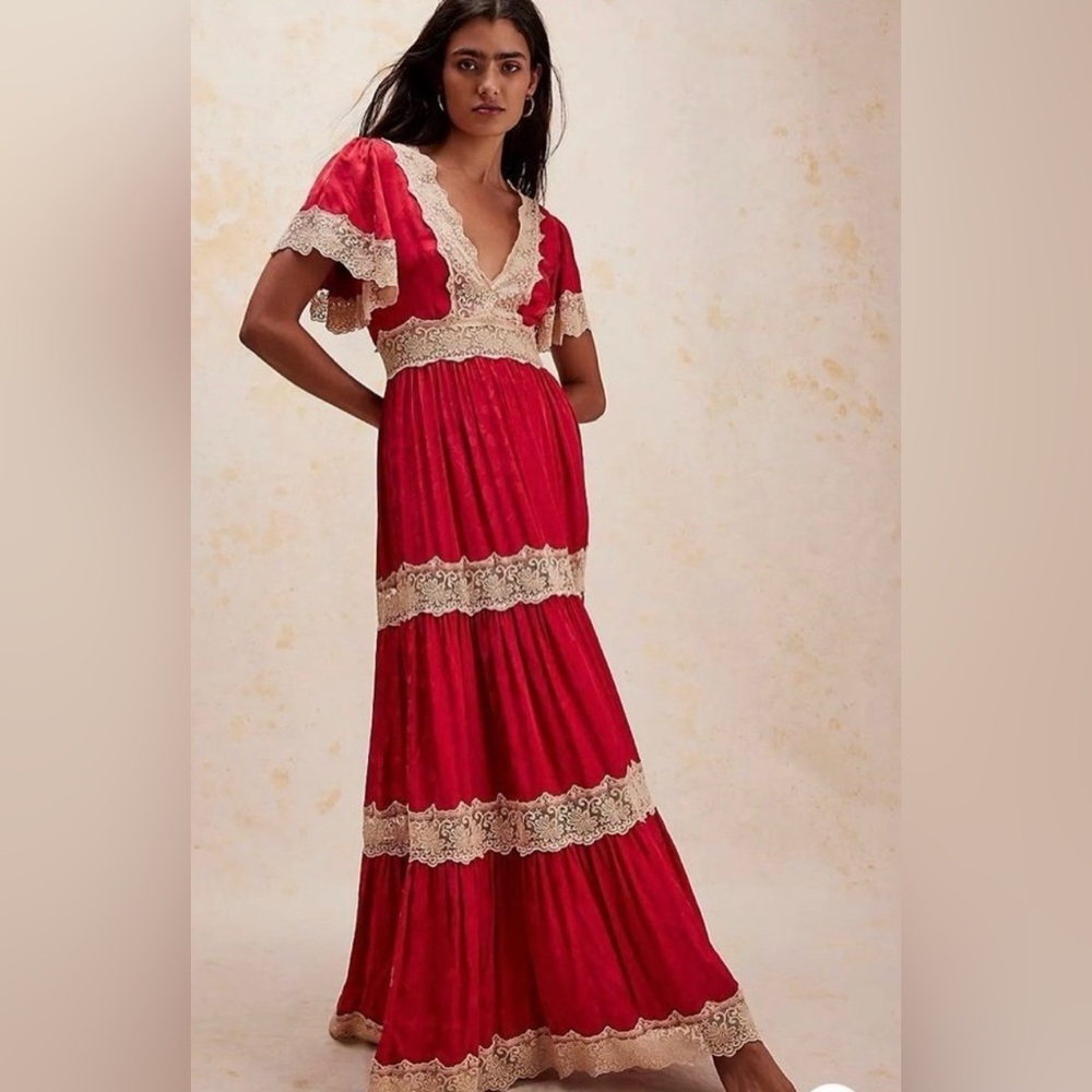 Spell Red Maxi Dress with Cream Lace Trim